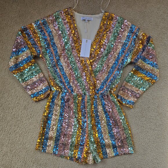 NWT Endless Rose Striped Sequin Romper XS - Picture 3 of 16
